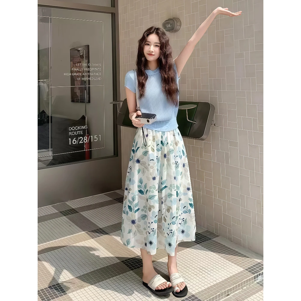 茶里茶气气质时尚套装蓝色短袖针织上衣碎花半身裙两件套女夏季