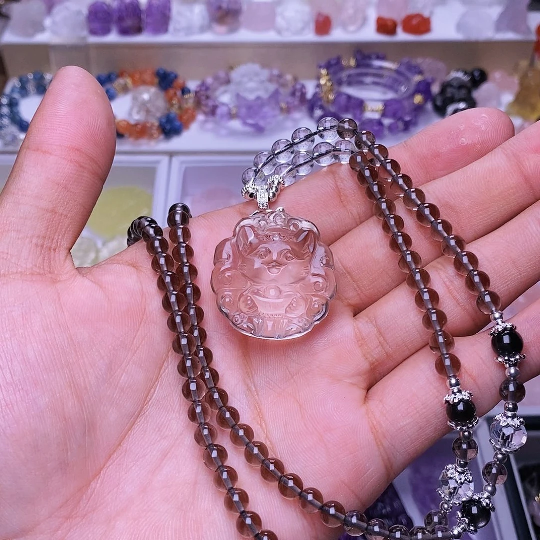 水晶颈饰未镶嵌茶晶元宝狐吊坠 送链子