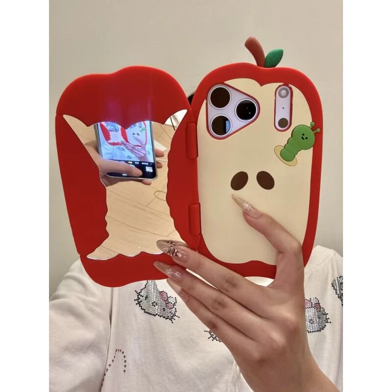 创意翻盖镜面苹果核小虫适用于iphone17promax苹果16手机壳15新款