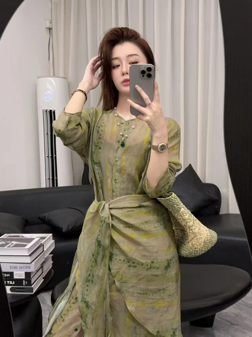 【Y&YI JIN】（人间尤物）设计师款水墨青提绿连衣裙