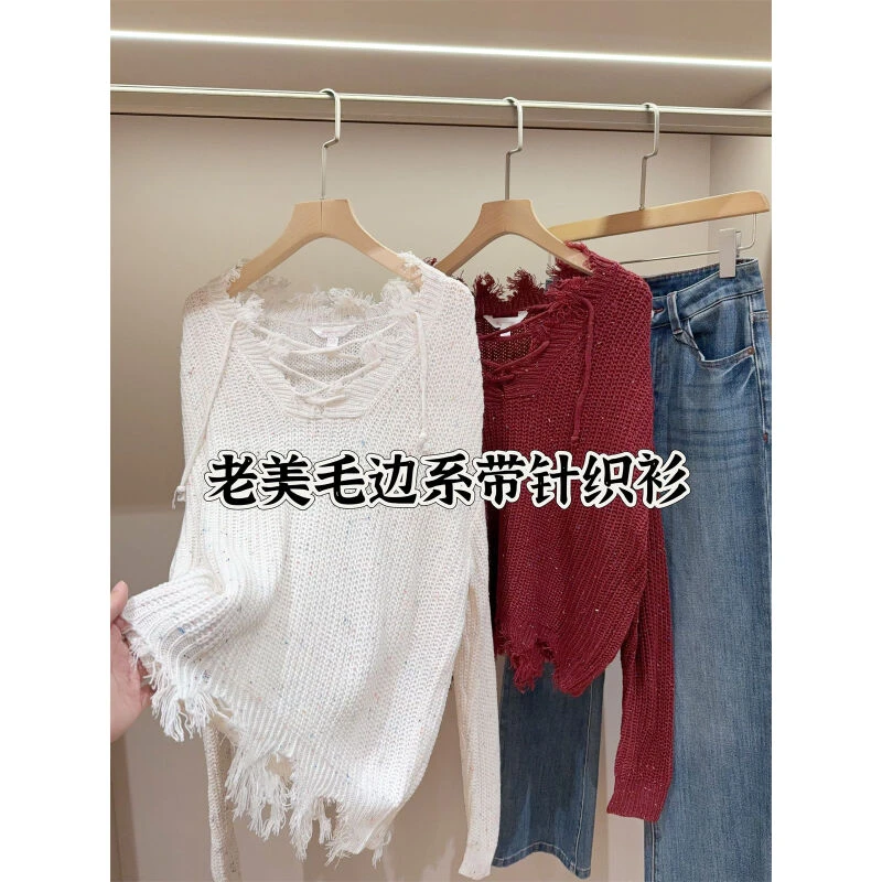 复古点子纱设计感做旧毛边交叉抽绳针织毛衣女