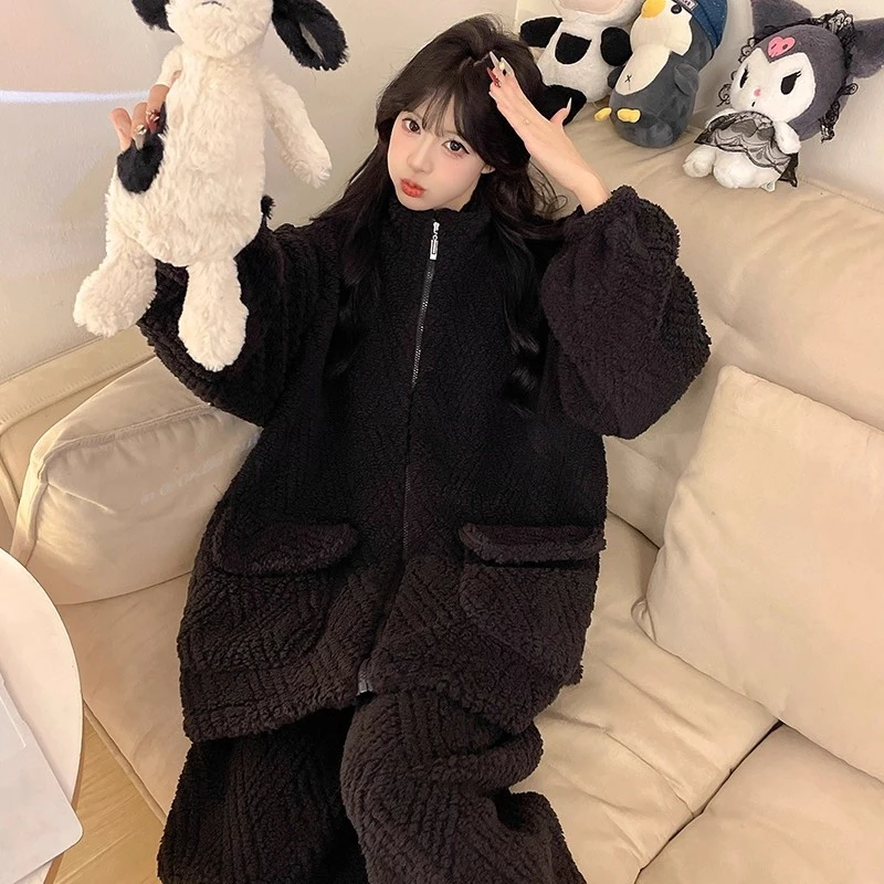 黑色高级感睡衣女款秋冬季珊瑚绒法兰绒加厚保暖2025新款家居服冬