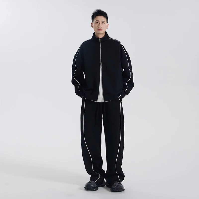 春季新款潮明线连帽简约休闲宽松时尚百搭设计男女同款套装18681