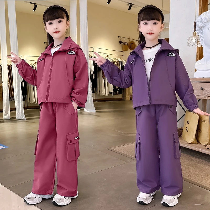 韩版女童春秋季连帽冲锋衣套装2025女宝宝外穿休闲工装裤两件套潮