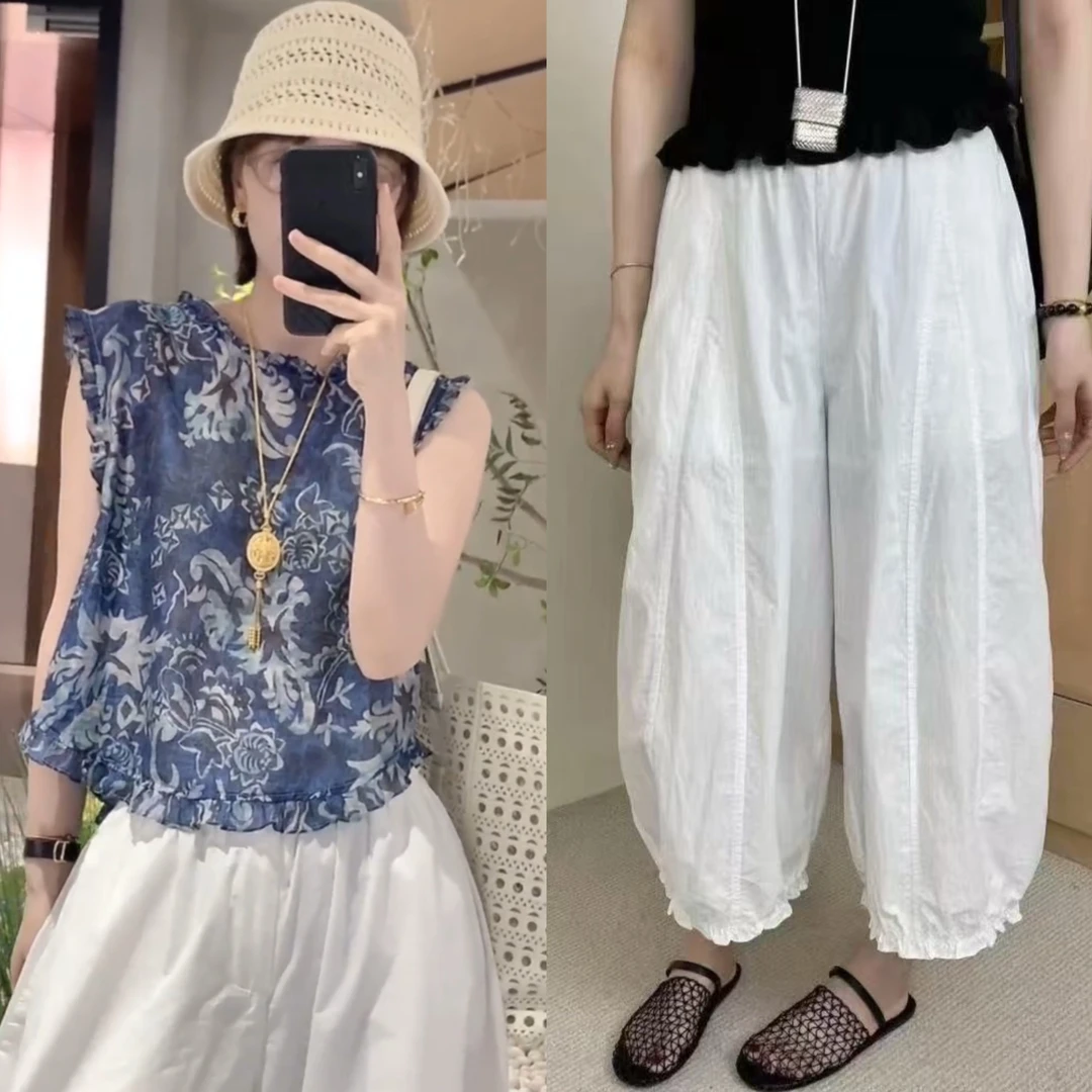 2025年超好看夏季两件套女装时尚飞袖碎花小衫+九分灯笼裤套装