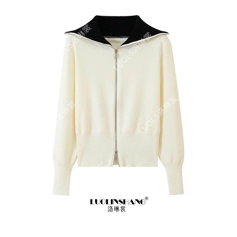 拼色翻领拉链简约针织开衫2025秋冬新款海军领休闲百搭显瘦上衣女