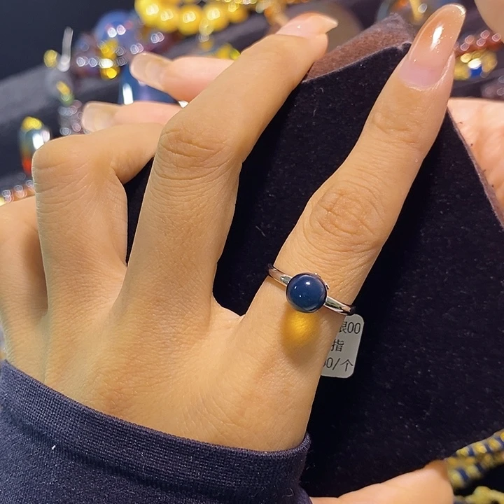 蓝珀银S925镶嵌珠宝奇石墨西哥蓝珀戒指