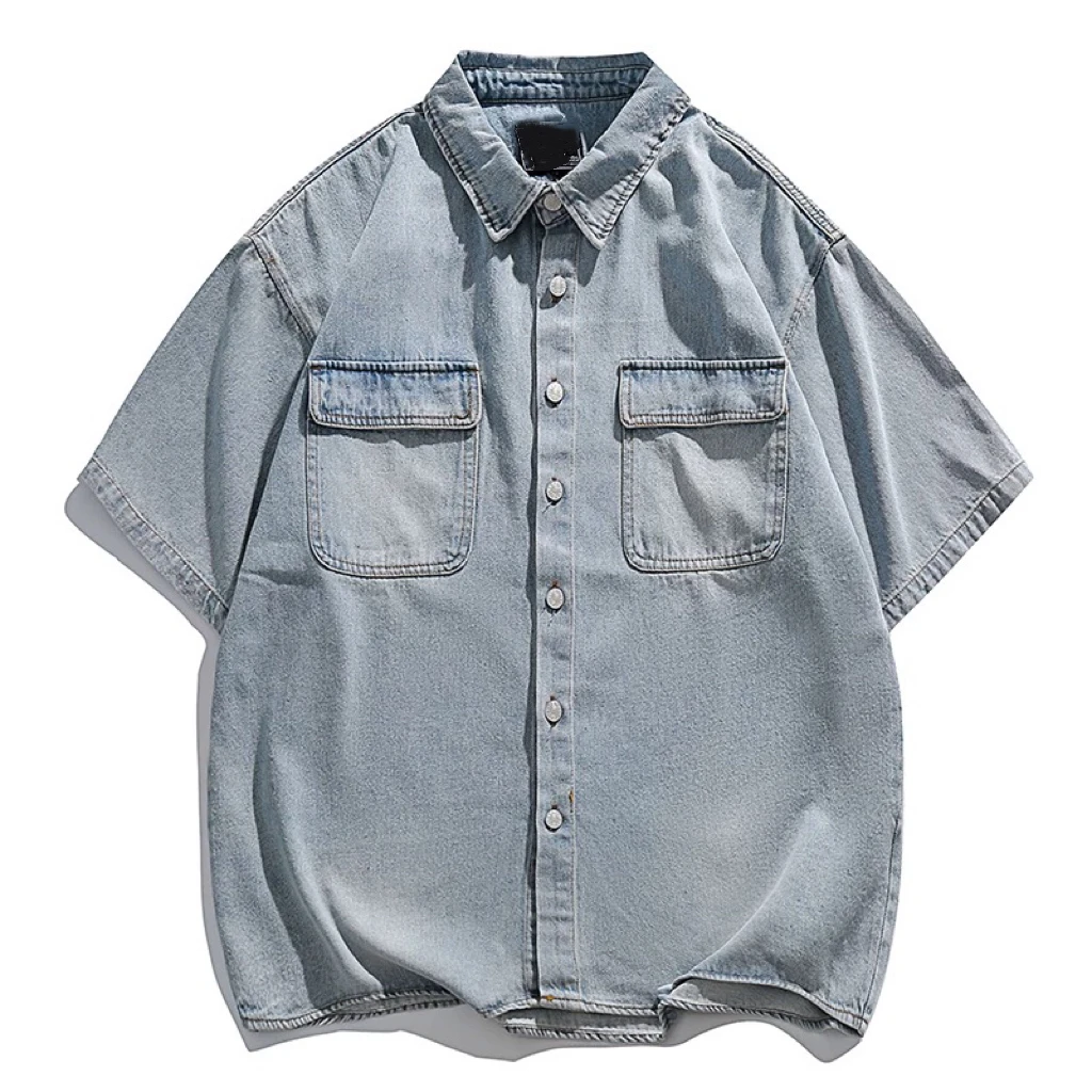 【逗逗】新款日系复古水洗做旧牛仔短袖衬衫夏季薄款半袖衬衣C48