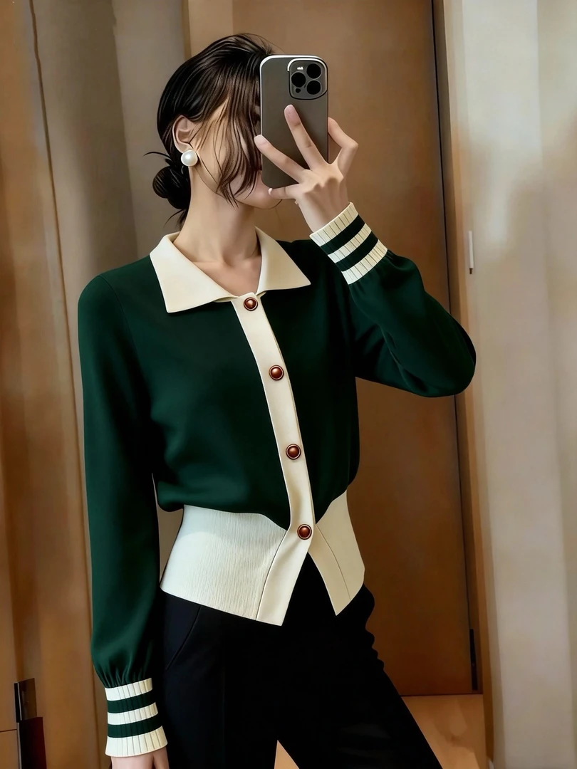 高级感撞色拼接翻领长袖针织开衫女秋冬新款气质风显瘦单排扣上衣