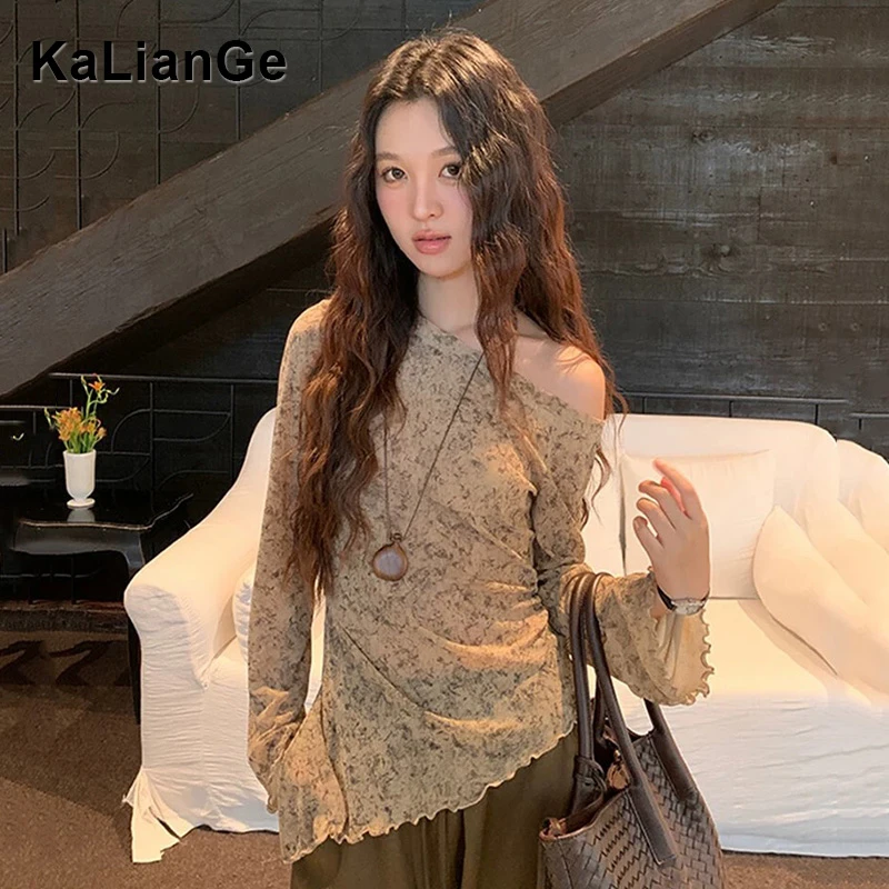 卡莲格/木耳边晕染斜肩长袖T恤女2025秋季新款不规则显瘦气质上衣