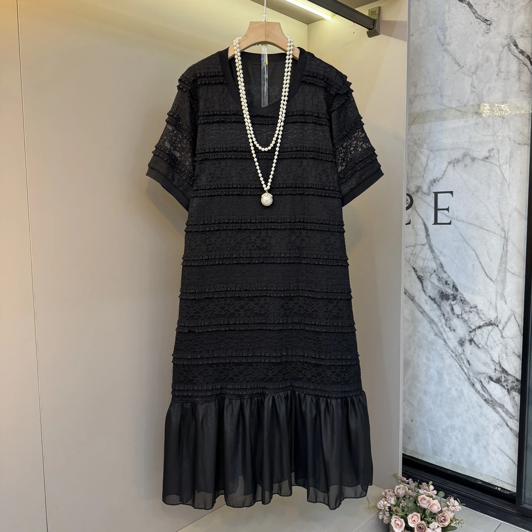 2025欧洲站蕾丝镂空大波浪潮流网纱拼接裙摆胖慵懒风连衣裙0730