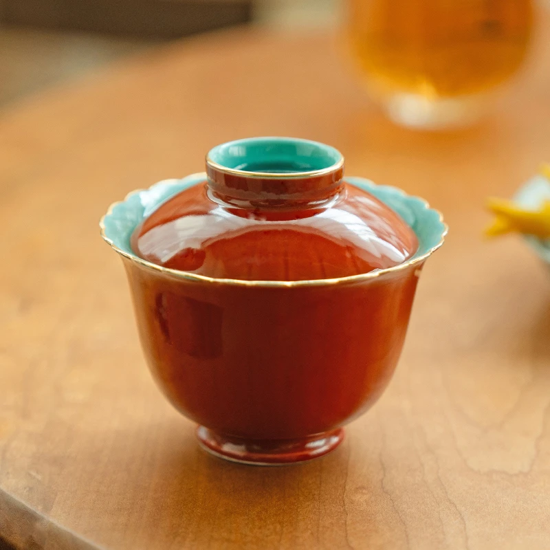 德白故宫红描金二才盖碗茶杯家用莲边花瓣泡茶碗小号女士专用泡茶