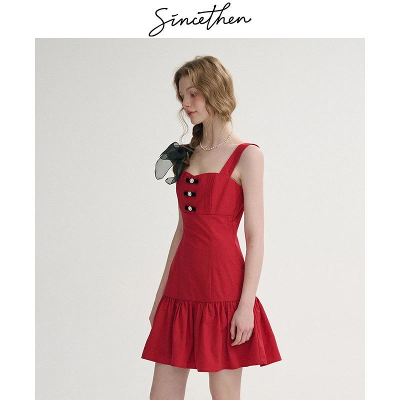 sincethen玫瑰假日红色吊带裙夏法式露背连衣裙小个子短裙女春季