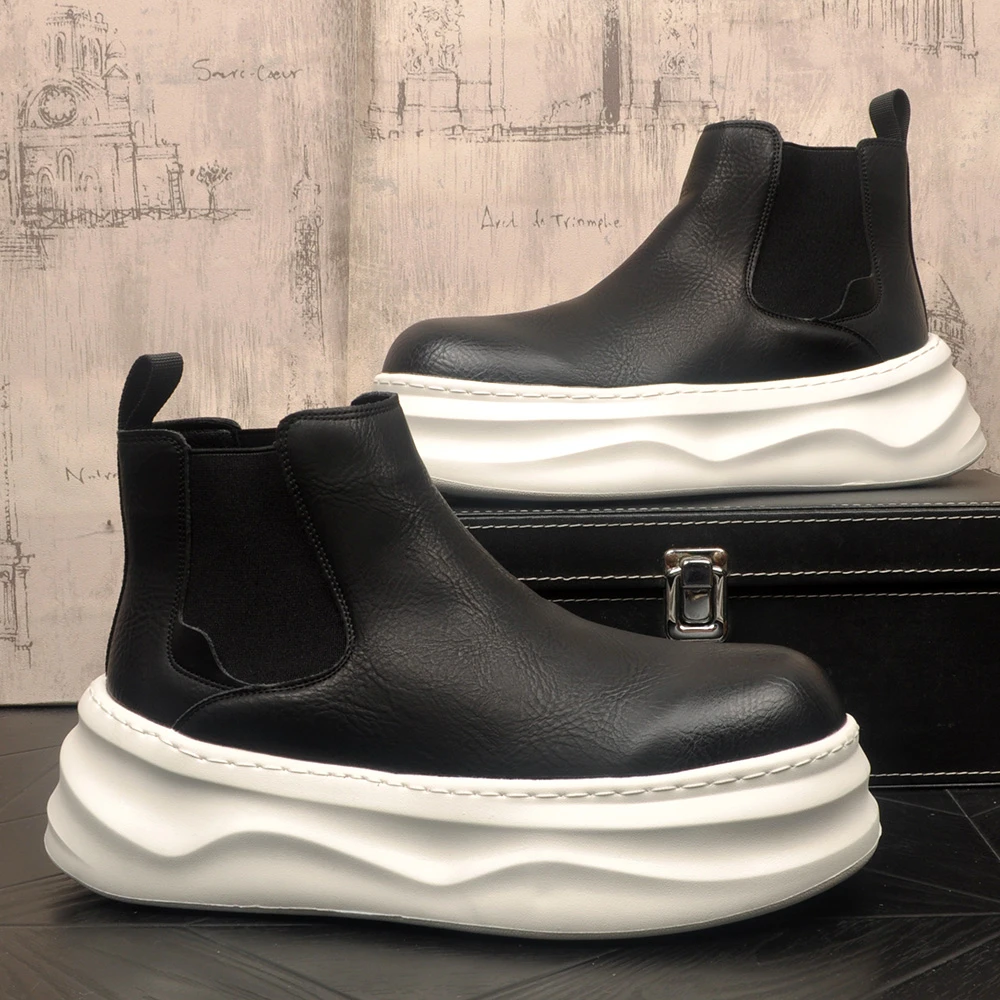 新款男士套筒圆头素面短筒厚底内增高切尔西靴高帮鞋休闲时尚潮鞋