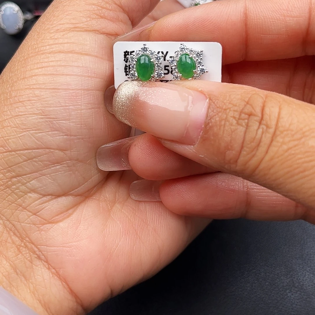 翡翠戒指银S925镶嵌缅甸天然A货翡翠耳钉