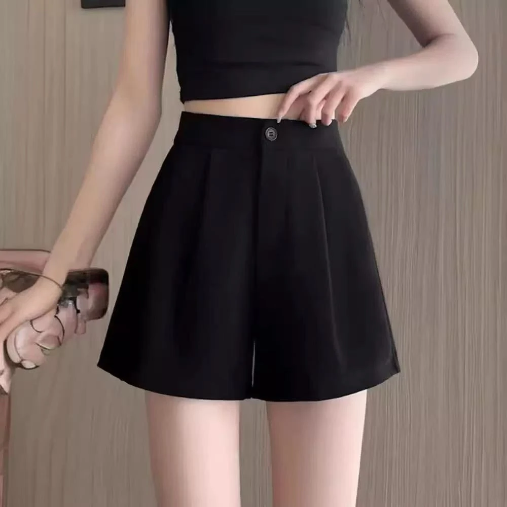 2025胖MM黑色西装短裤弹力腰身女夏季薄款新款显瘦高腰阔腿休闲裤