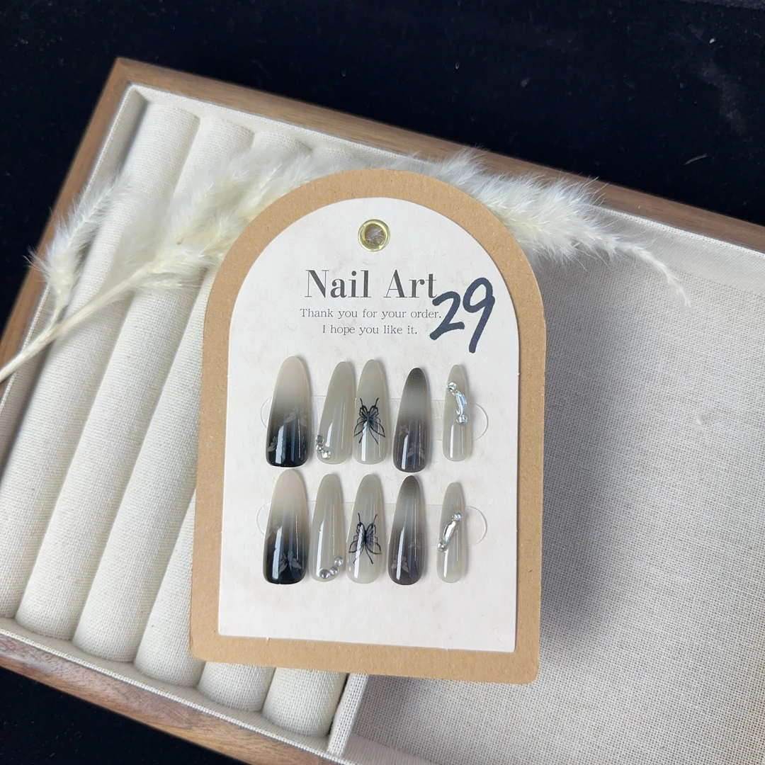 高级感珠光法式穿戴甲轻奢手绘蝴蝶结气质显白温柔美甲中长款 29