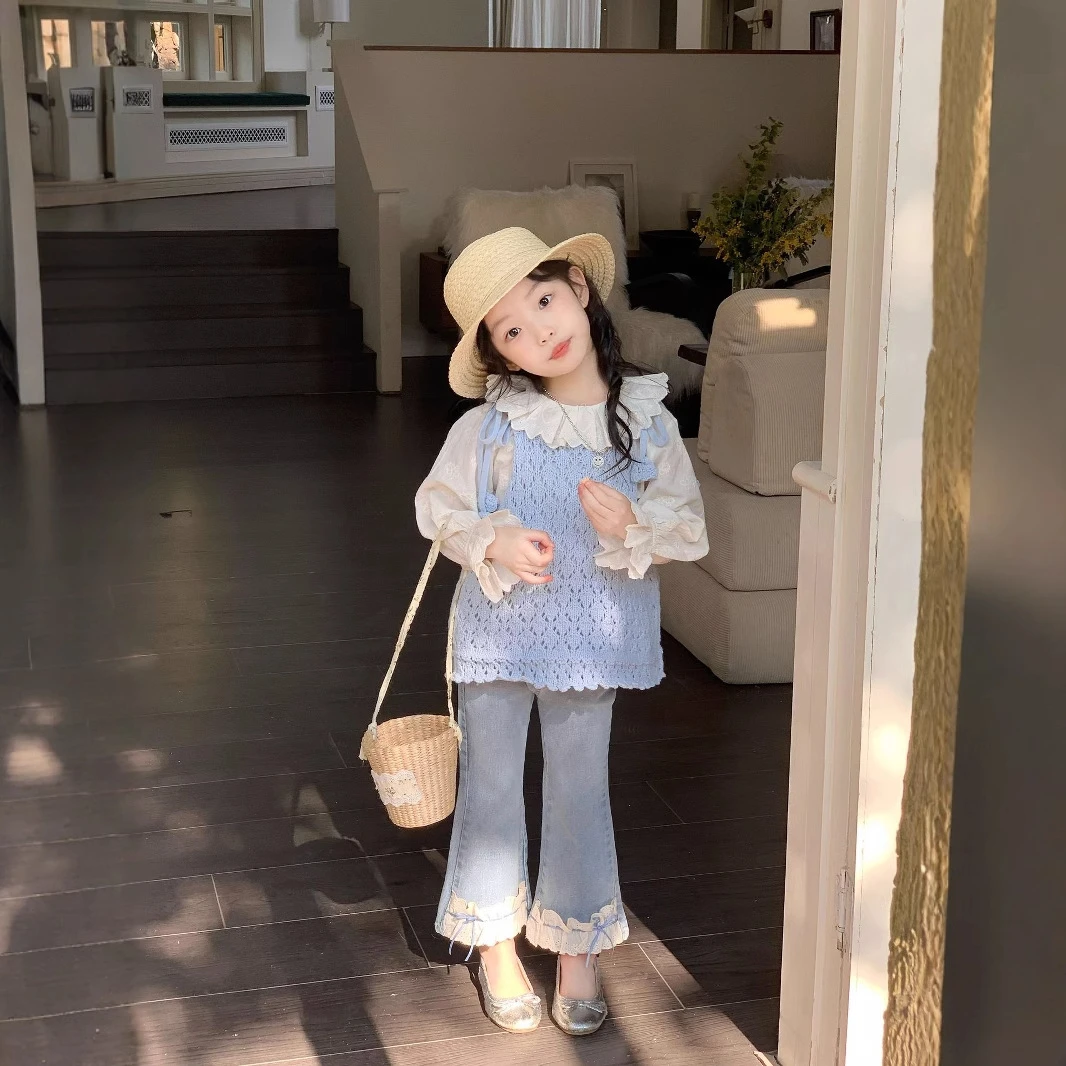 【秋季爆款】2025韩版春季新款女童时尚钩花镂空针织马背心吊带洋气