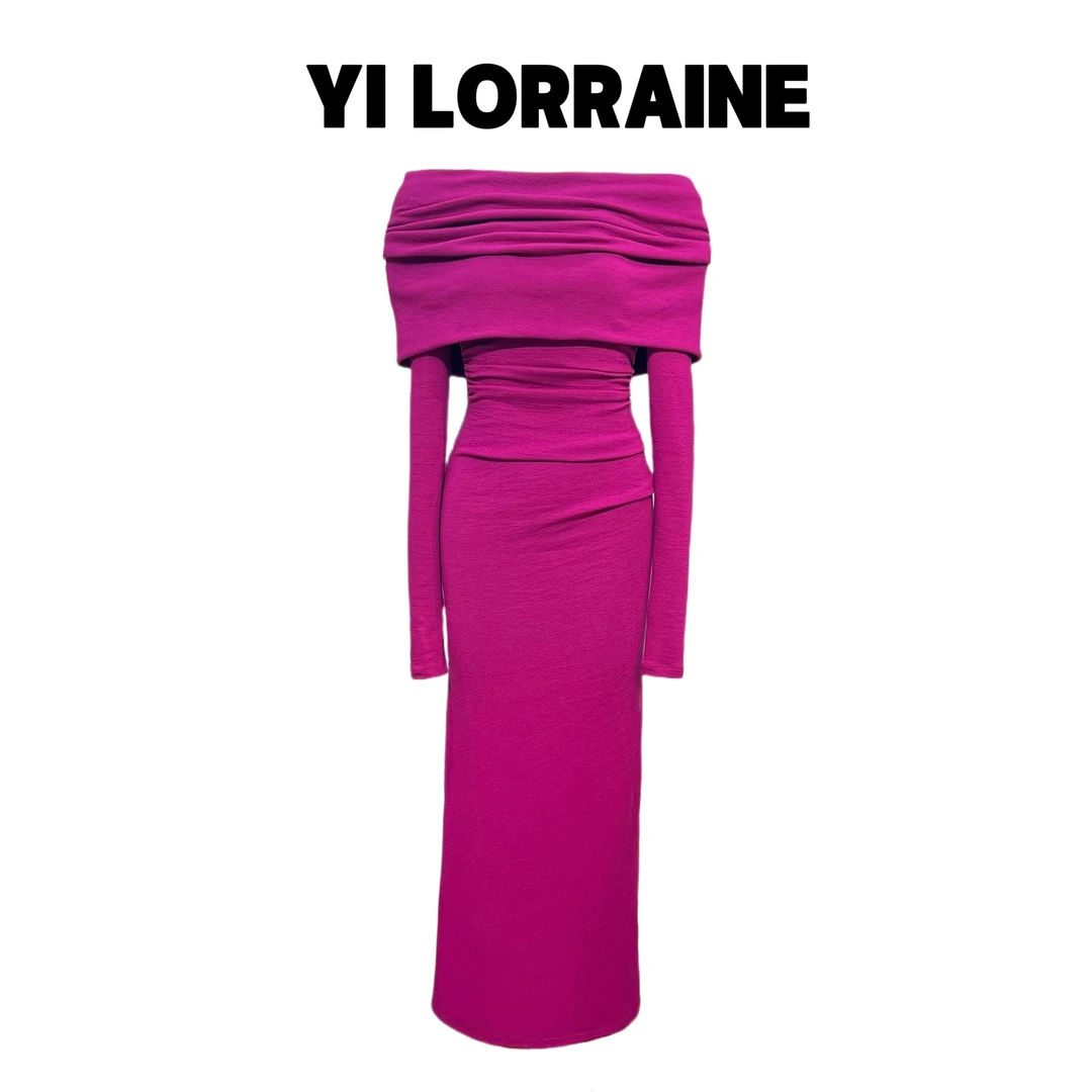 YI LORRAINE/旖洛琳超弹裸感肌理坑条棉一字领连帽多穿法连衣裙