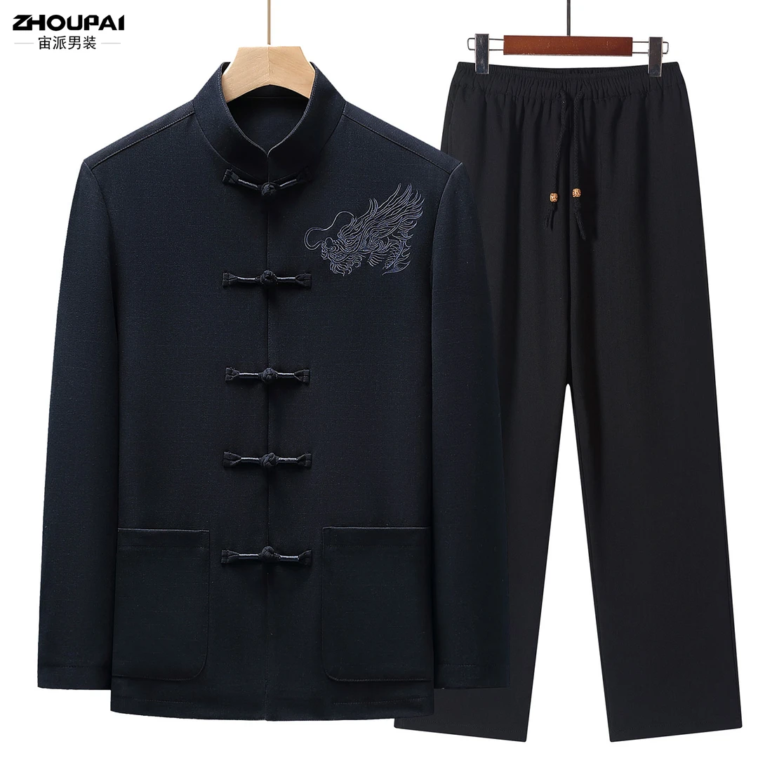 中老年唐装男爸爸秋装长袖套装新中式国风夹克爷爷秋季老年人外套