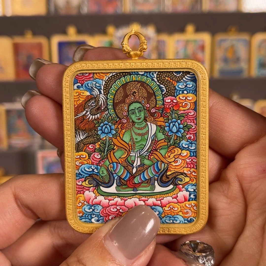 吊坠绿度母彩唐满工青海热贡唐卡