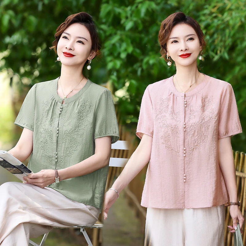 俞兆林妈妈夏装衬衣短袖小衫中老年女新中式立体洋气宽松上衣刺绣