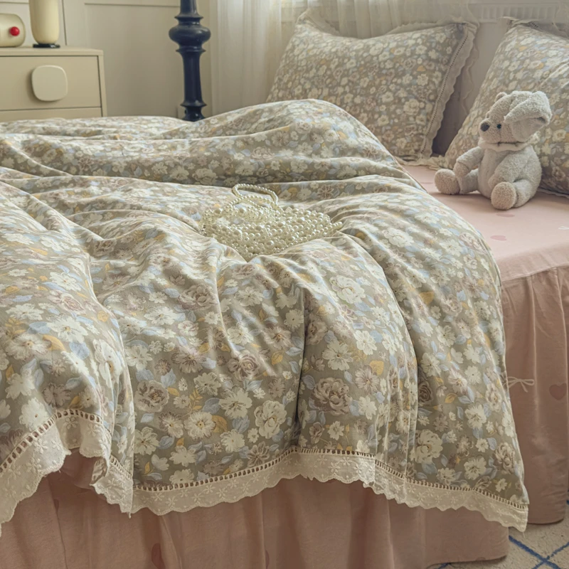 【沐雨】100%纯棉小碎花荷叶边四件套带花边四件套田园风学生小清新