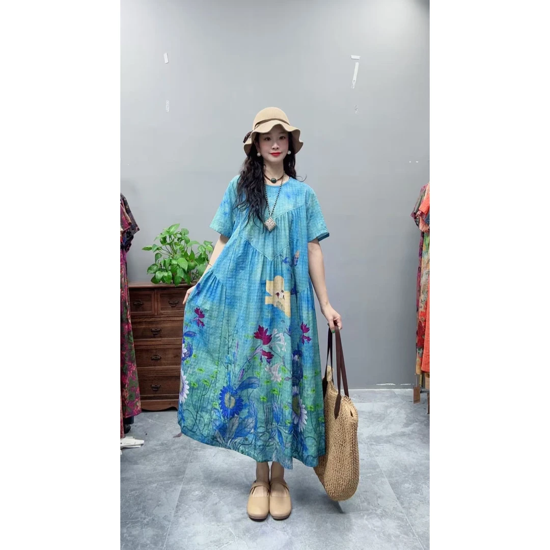 5099夏季新款显瘦气质时尚女百搭休闲文艺复古印花洋气宽松连衣裙