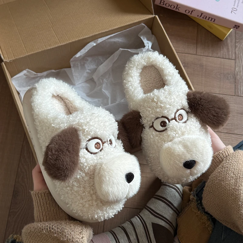 眼镜小狗亲子棉拖鞋冬季儿童防寒保暖可爱卡通厚底防滑居家棉拖鞋