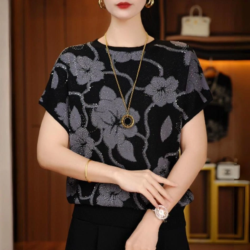 2025新款短袖圆领夏季烫钻薄款女针织衫宽松提花减龄妈妈装上衣潮