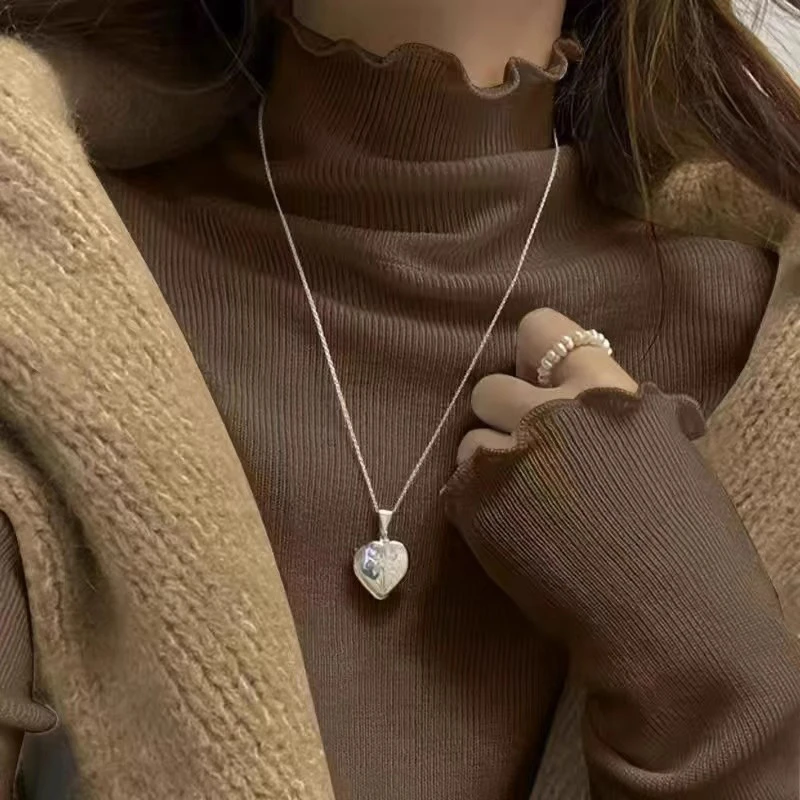 木耳边半高领打底衫女秋冬2025新款修身内搭美拉德堆堆领螺纹上衣