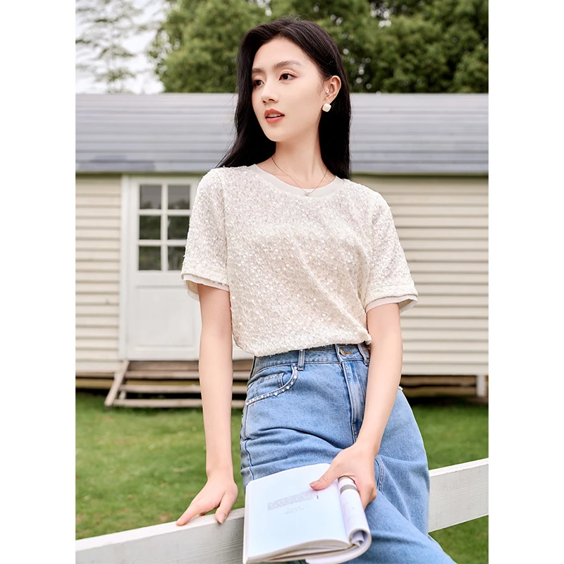 【直播专享】X842378 T恤 香影肌理感褶皱短袖女夏季新款轻奢重工