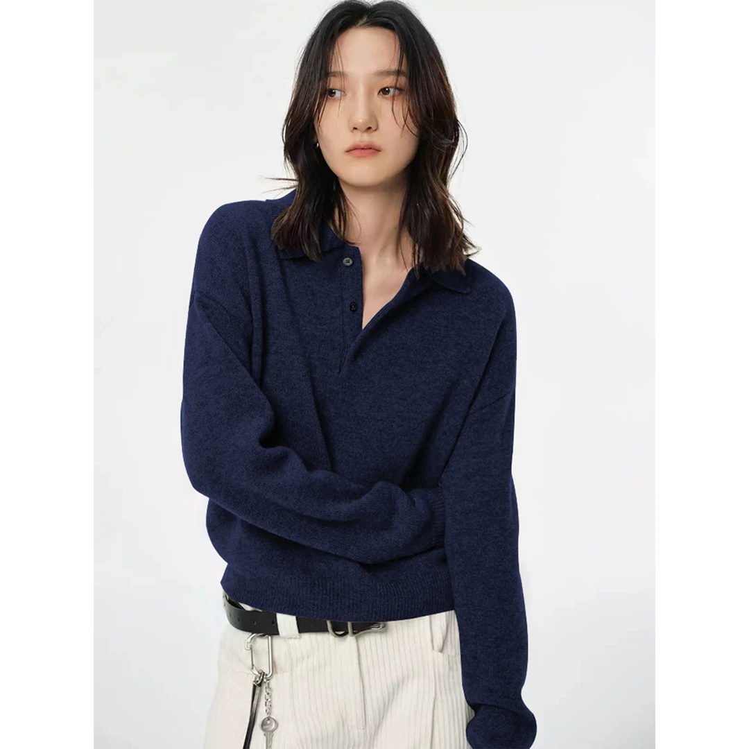 藏青色Polo领长袖针织衫女春秋款宽松慵懒套头毛衣气质打底衫上衣