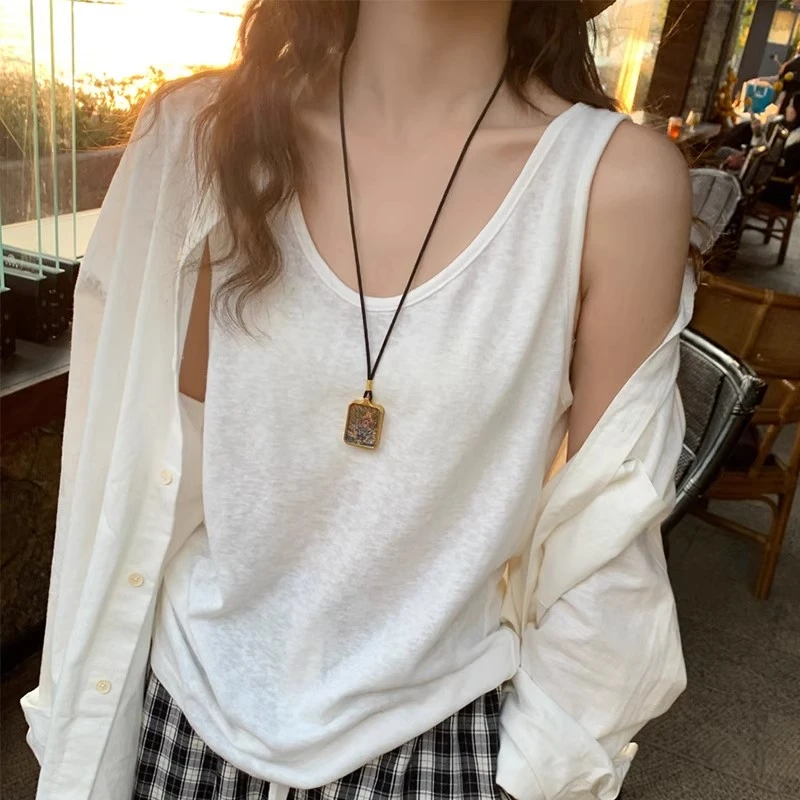 【雪花棉】通勤休闲风吊带白色遮肚 背心短款打底外搭日系