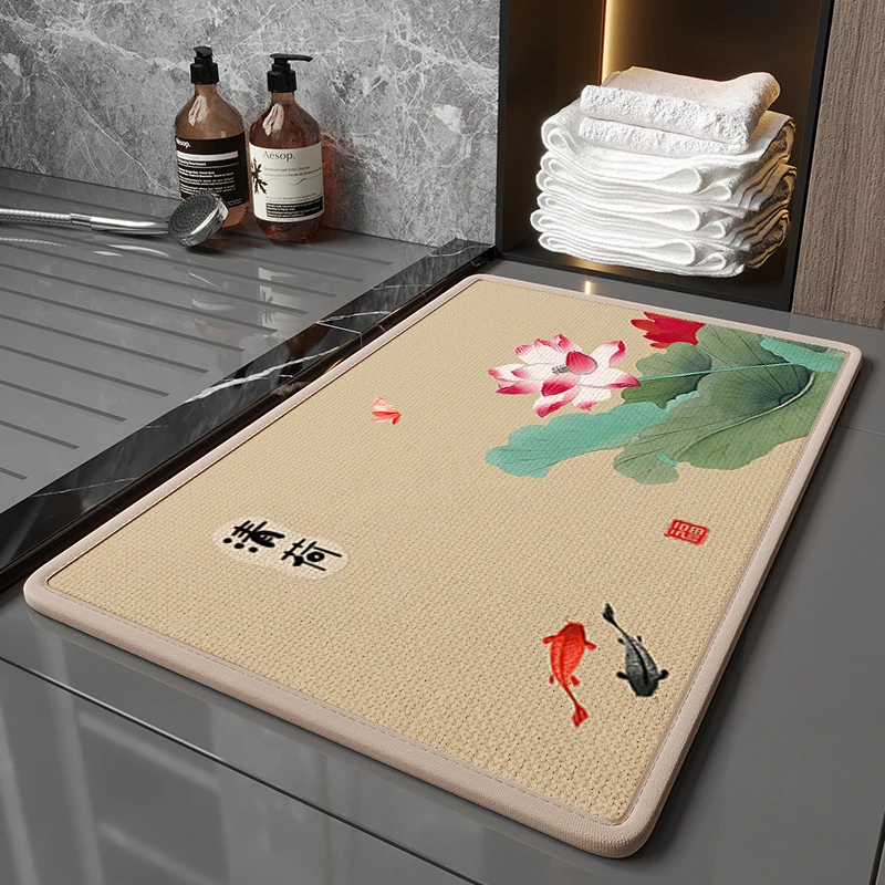 卡通可爱亚麻硅藻泥浴室地垫吸水防滑速干家用厨房入户门垫加厚款