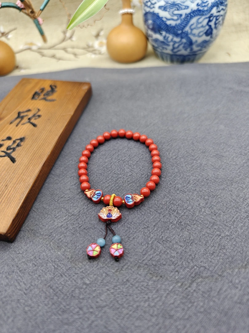 含辰砂工艺品天然压制朱砂水飞砂手串彩绘福禄