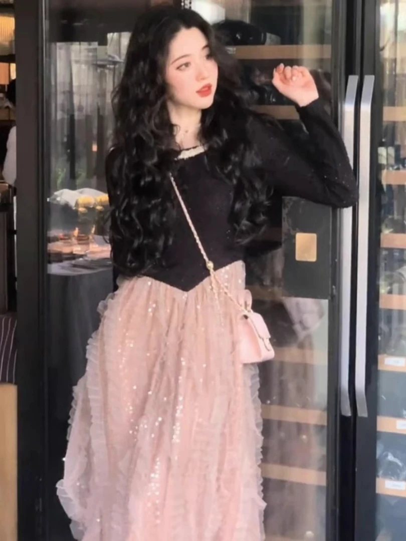 撞色仙女风超绝气质法式浪漫长裙亮片网纱高级感温柔连衣裙早秋女