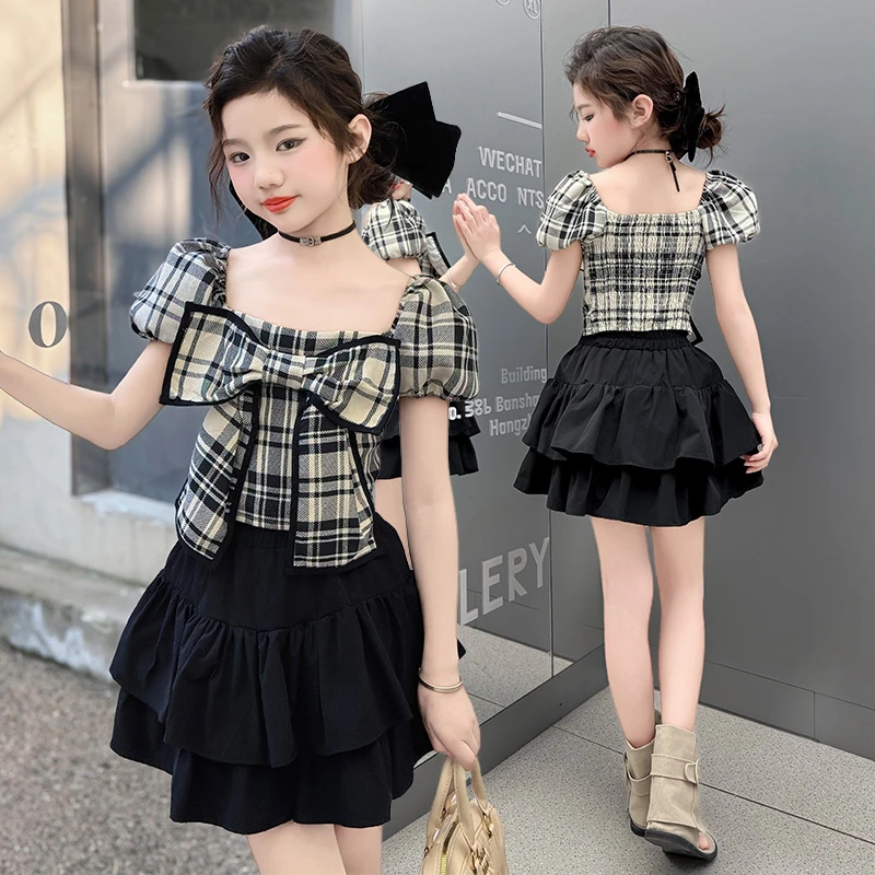 蝴蝶结泡泡袖格子衬衫设计感短款法式方领上衣百搭显瘦黑色蛋糕裙
