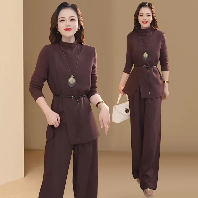 轻奢洋气时尚套装2026春秋新款气质名媛高领打底衫马甲长裤三件套