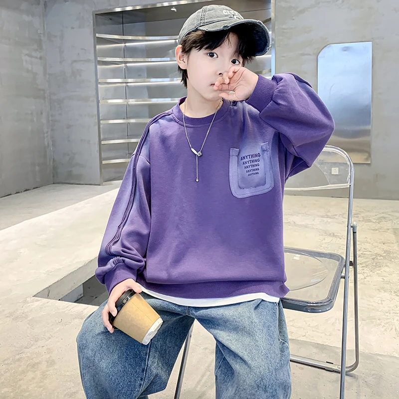 男童紫色喷染假两件卫衣春秋款2025新款儿童洋气休闲打底衫中大童