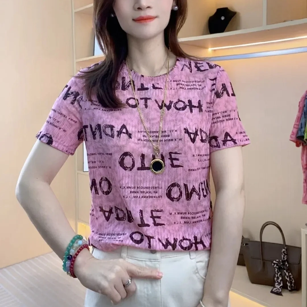 字母印花圆领短袖夏季2025新款时尚百搭休闲女装洋气显瘦t恤上衣
