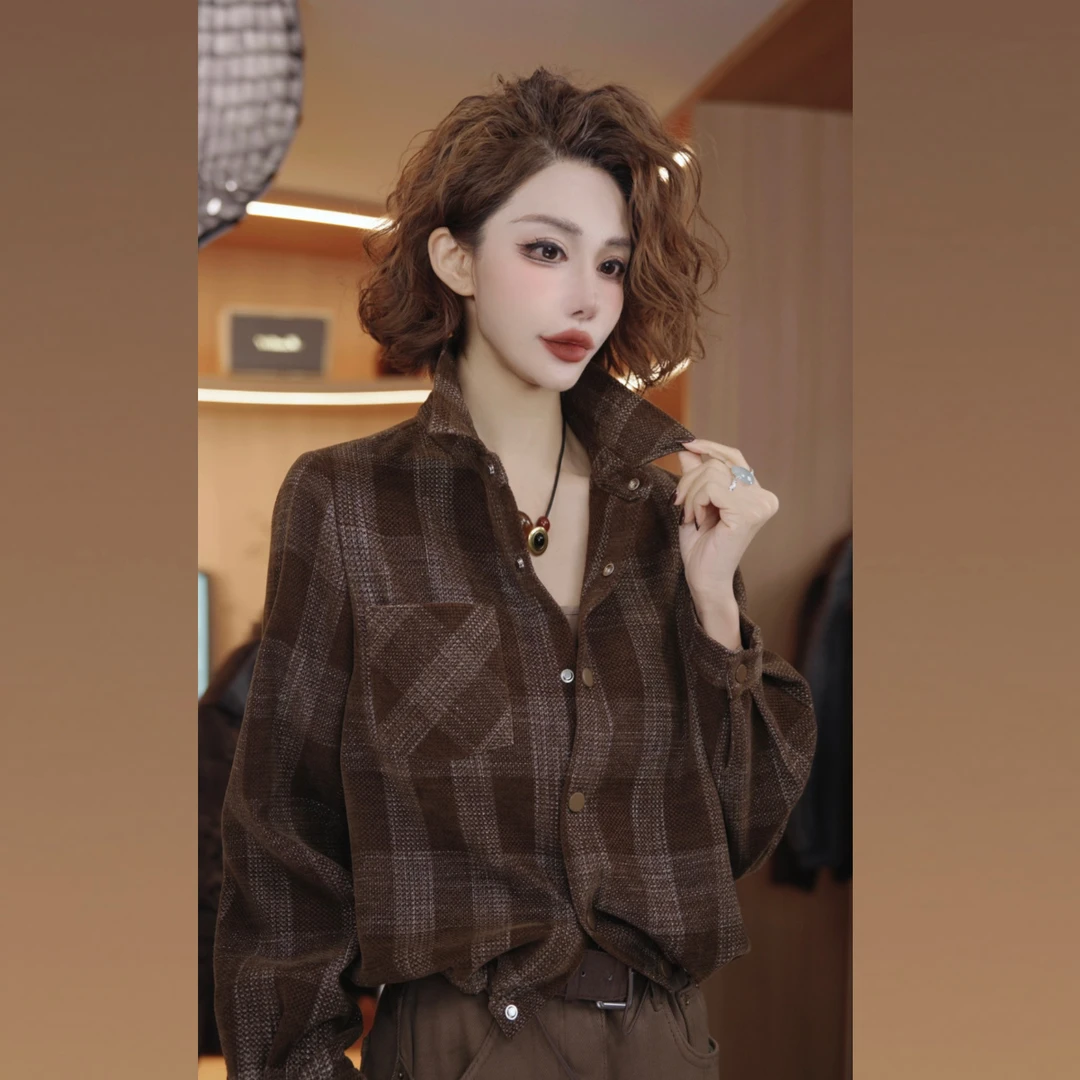 七奈 「裕调」法式百搭简约显瘦合身格子衬衫QN13753