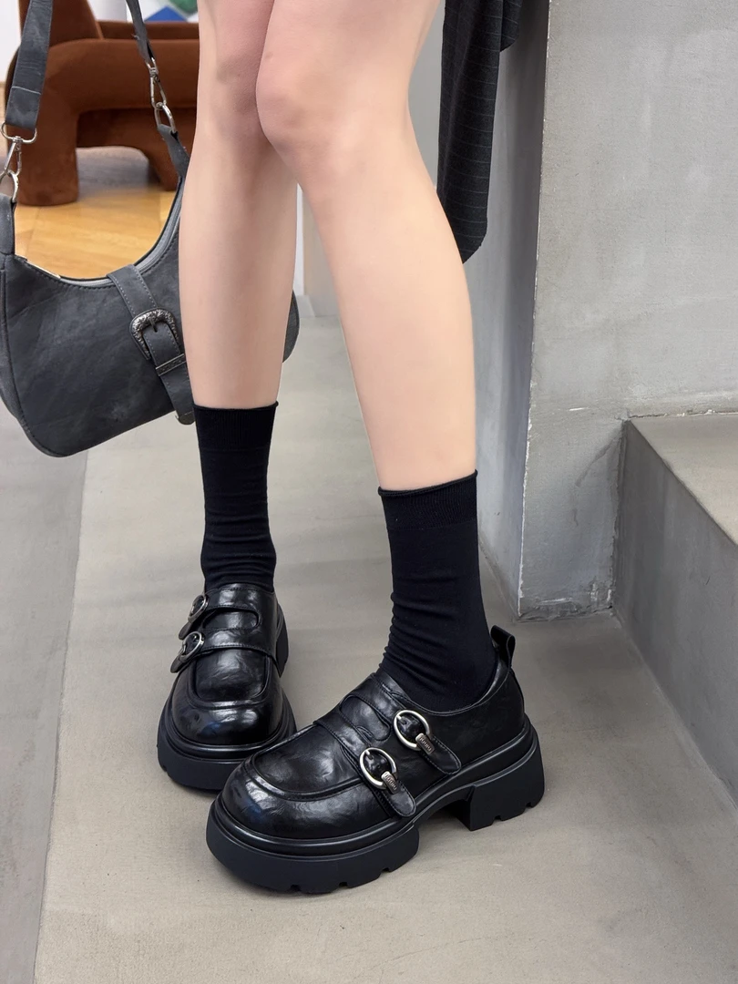 魔术贴增高秋季春季乐福鞋厚底皮鞋百搭覆膜皮学院风日系系带真皮