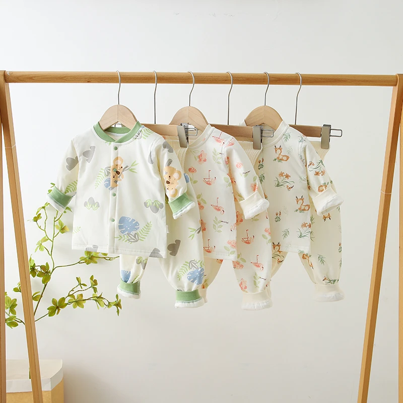 40克薄棉儿童秋冬保暖衣男女宝宝夹棉无骨高腰分体套装长袖加厚