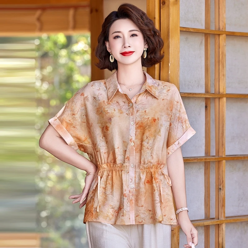 短袖夏季休闲风女士春夏简约衬衫上衣宽松大码遮肚子显瘦衬衣