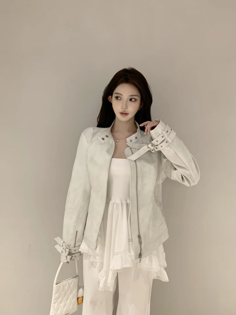 Yucii 复古立领PU皮衣夹克女春季小众设计感辣妹机车外套