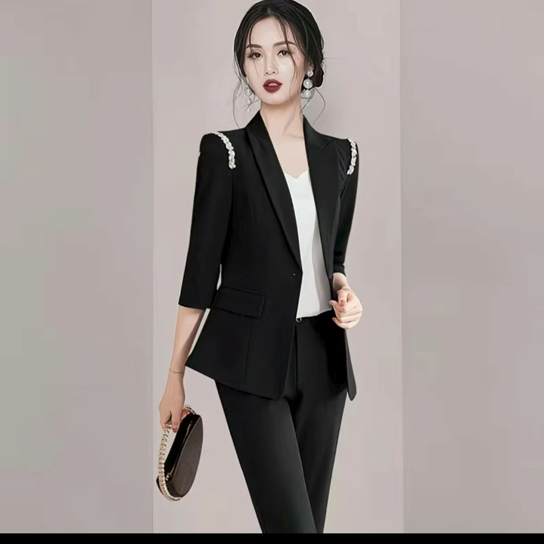 女修身白色短款西装七分袖西装夏季时尚中袖御姐风