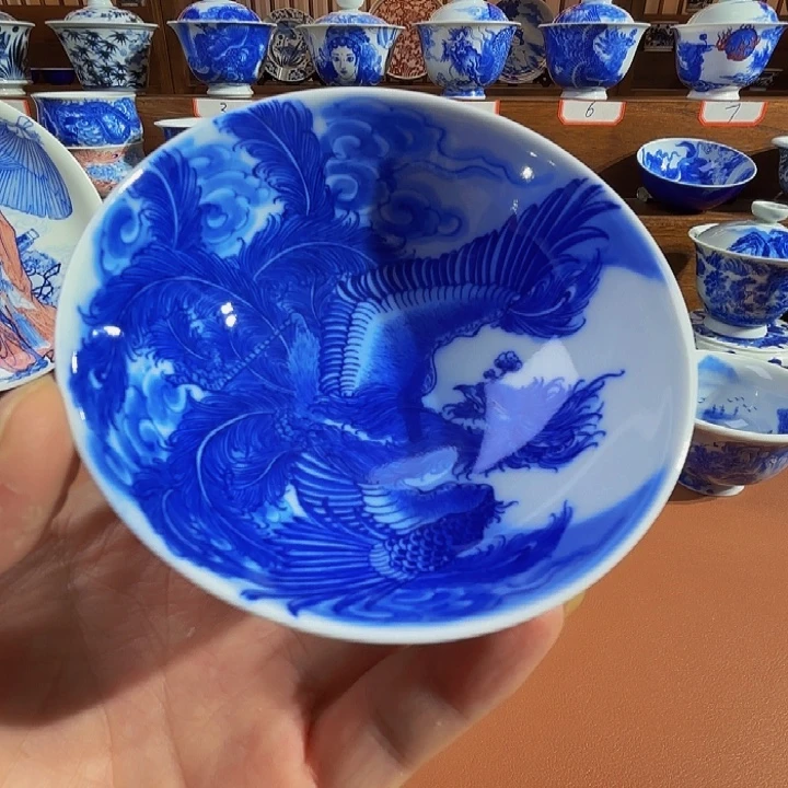 妍***活青花手工手绘凤杯