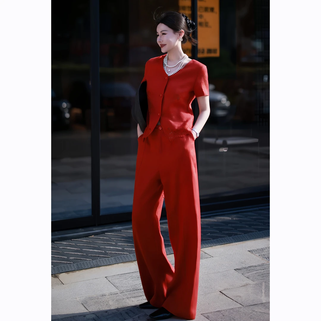 ZEROYK设计感小众时尚亚麻套装2025夏季V领无袖上衣阔腿裤两件套