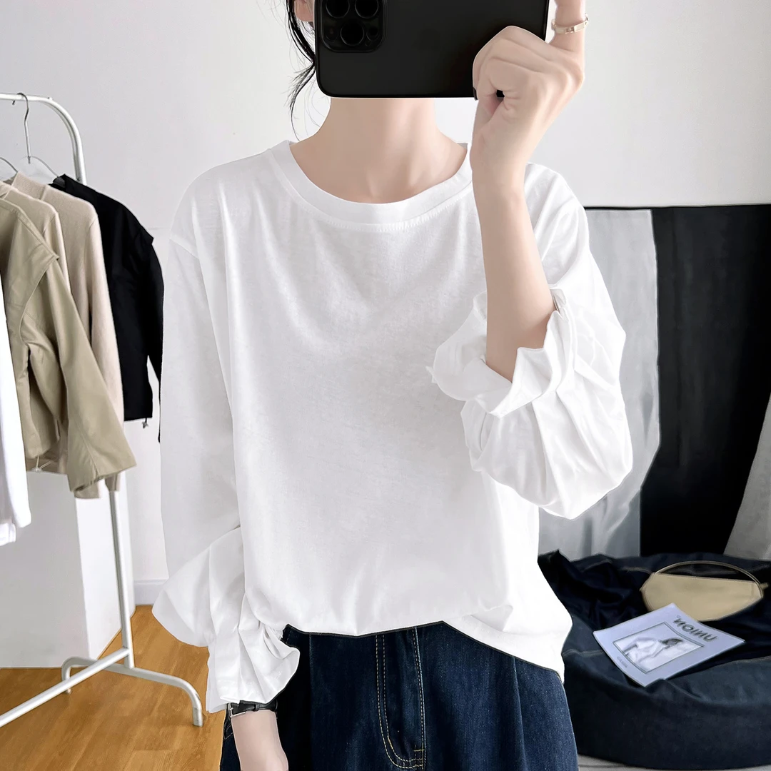 纯棉花苞袖宽松圆领长袖薄款简约T恤衫秋季新款减龄休闲百搭上衣